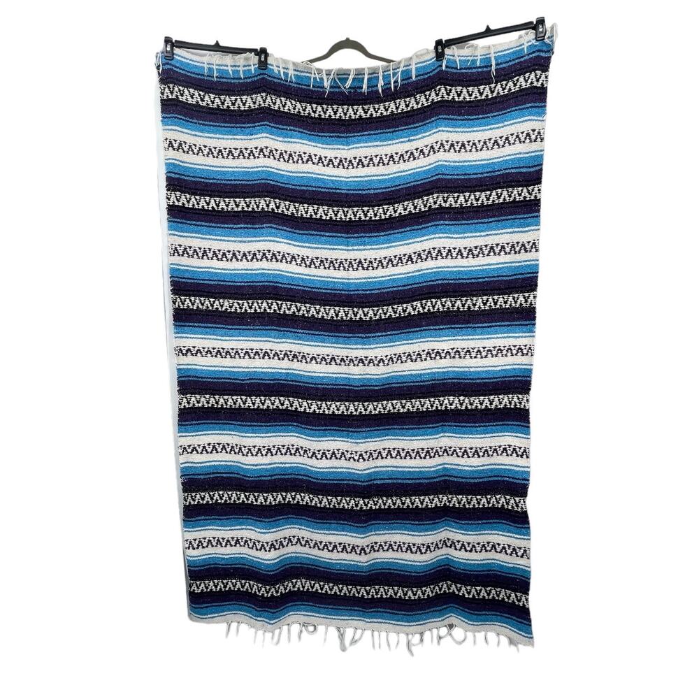 Cuamatzi Mexican Throw Blanket 48x72 Blue White Purple Fringe Acrylic Tijuana